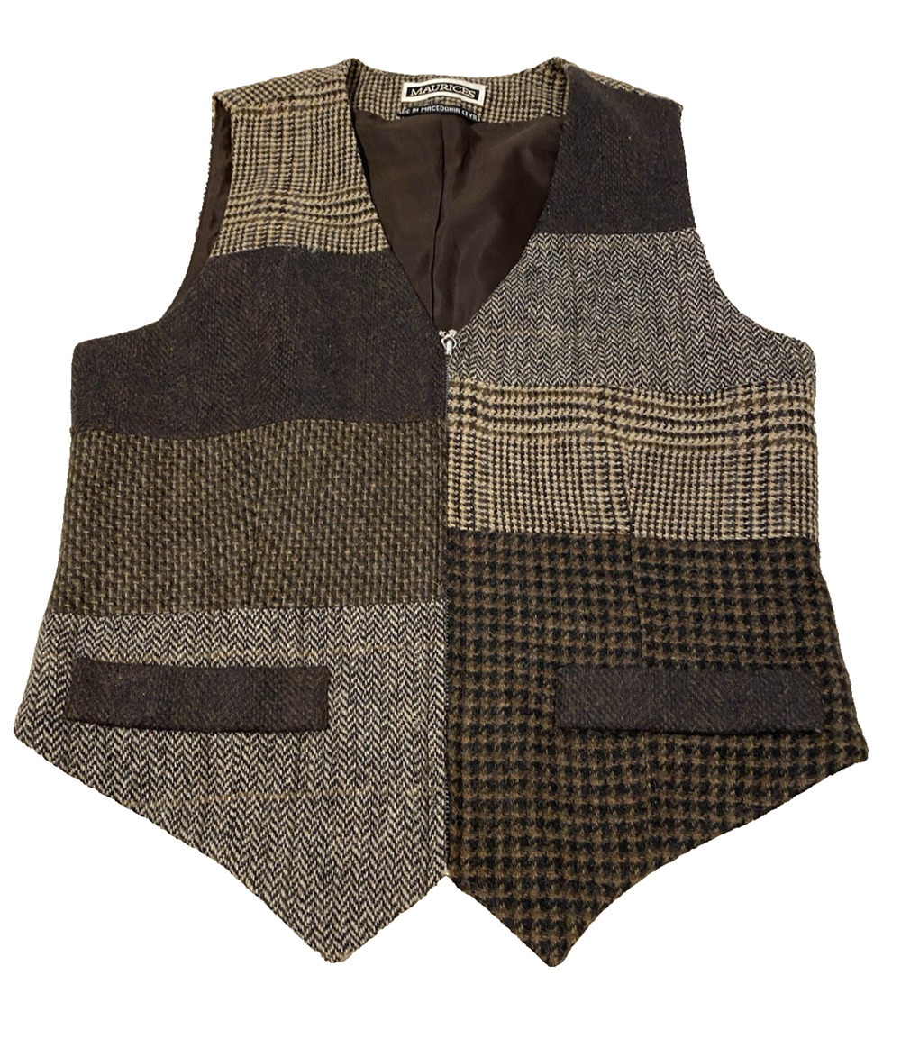 Maurices Mixed-Media Brown Plaid Vest Size Small Dark Academia Office Western
